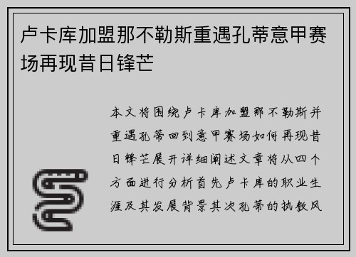 卢卡库加盟那不勒斯重遇孔蒂意甲赛场再现昔日锋芒
